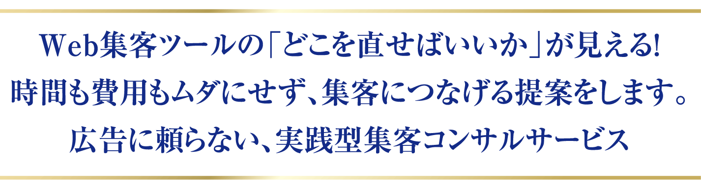 Web集客ツールの「どこを直せばいいか」が見える!時間も費用もムダにせず、集客につなげる提案をします。広告に頼らない、実践型集客コンサルサービスへ